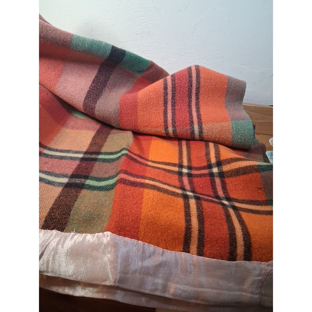 Vintage Wool Blanket Plaid with Satin Trim 52x72” Camping Picnic Read